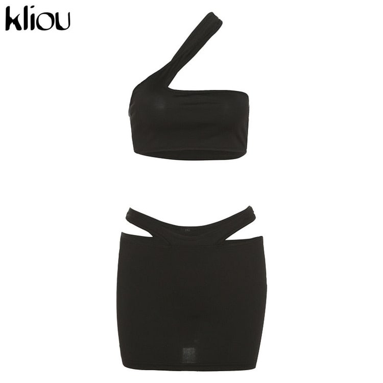 Kliou Solid Summer 3 Piece Sets Female Asymmetrical Skew Collar Bra Midnight Clubwear Top+Sexy Underpants+Skirt Matching Set Hot - BlackFridayBuys