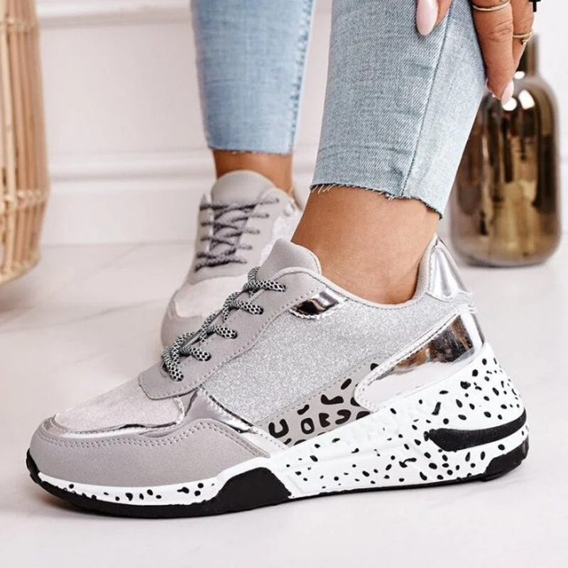 Women's Sneakers Platform Casual Shoes Women Vulcanize Shoes Leopard Ladies Running Shoes Sport Silver Lace-Up Female Sneakers