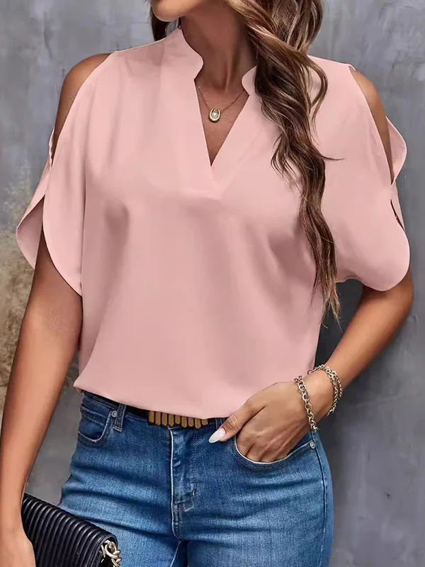 Half Sleeves Loose Hollow Solid Color Cold shoulder T-Shirts Tops