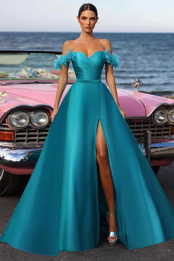 Daisda Simple Satin Sweetheart Strapless A-Line Prom Dress with Split