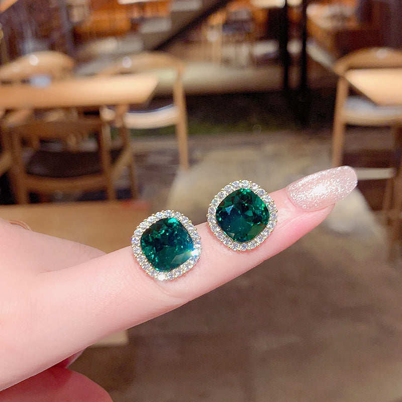Vintage Green Cushion Cut Halo Stud Earrings