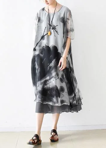 Italian gray print chiffon clothes For Women plus size Fashion Ideas o neck pockets Summer Dress