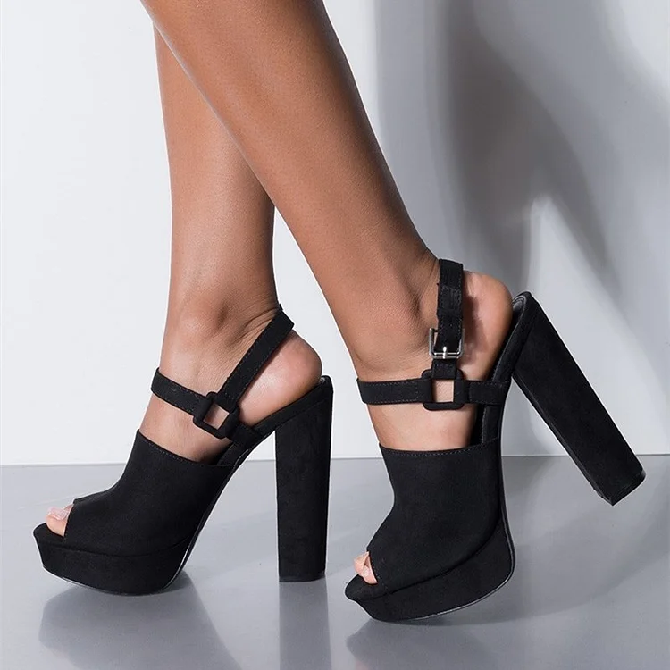 Black Vegan Suede Peep Toe Heeled Platform Ankle Strap Sandals |FSJ Shoes