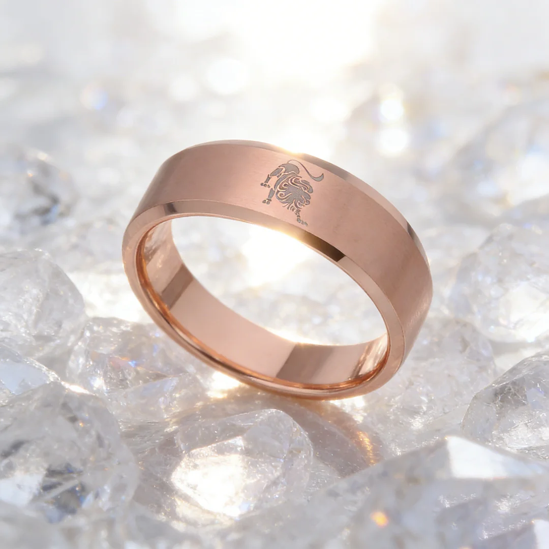 Rose Gold Leo Tungsten Carbide Rings Beveled Edges Rose Gold Laser Etched Couple Wedding Bands 4MM 6MM 8MM
