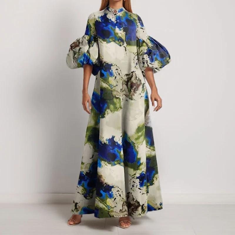 Brownm Brownm 2024 New Women's Wear Temperament Loose Printing And Painted Women's Large Swing Bubble Sleeve Dress