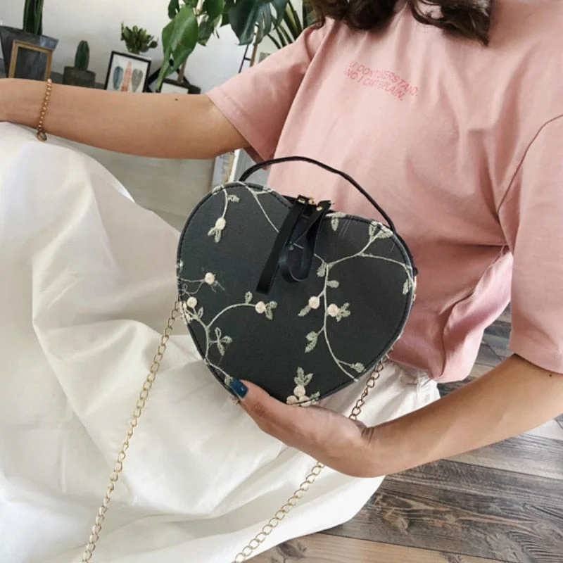 Lace Shoulder Bag Peach Heart Women Bags 2020 New Embroidery  Handbag Portable Girl Diagonal Bag Heart-shaped Chain Bag For Girl