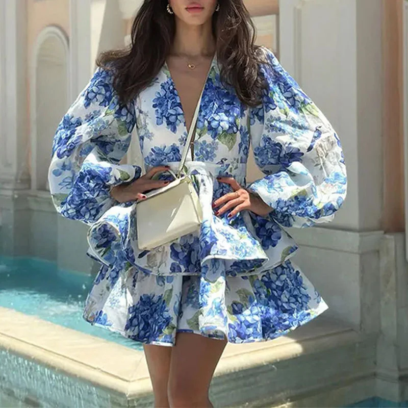 Brownm Brownm Autumn And Winter Women's Elegant Fashion V-Neck Bubble Long Sleeve Print Flounce Short Dress