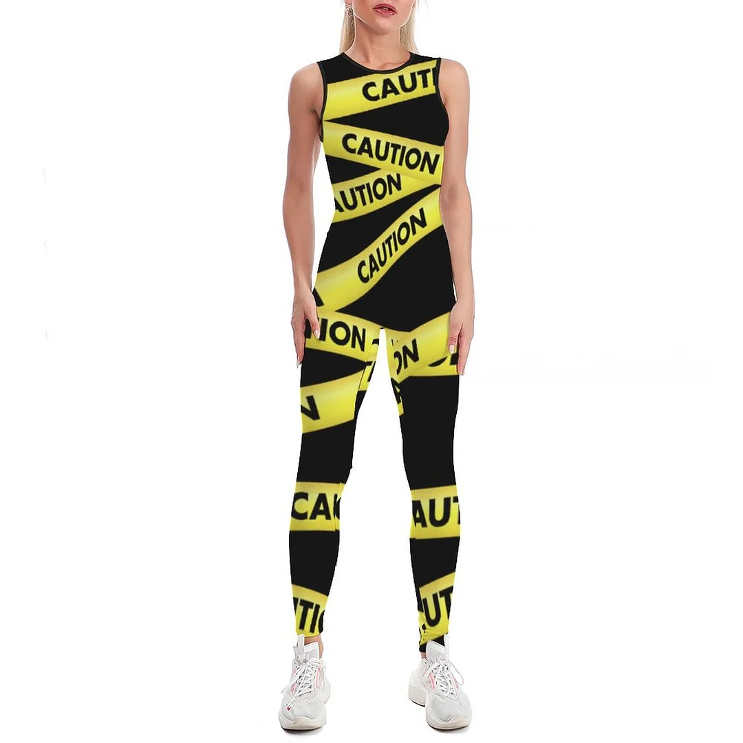 Funny Trendy Yellow Black Caution Tape Bodycon Tank One Piece Jumpsuits Long Pant Retro Yoga Rompers Playsuit for Women