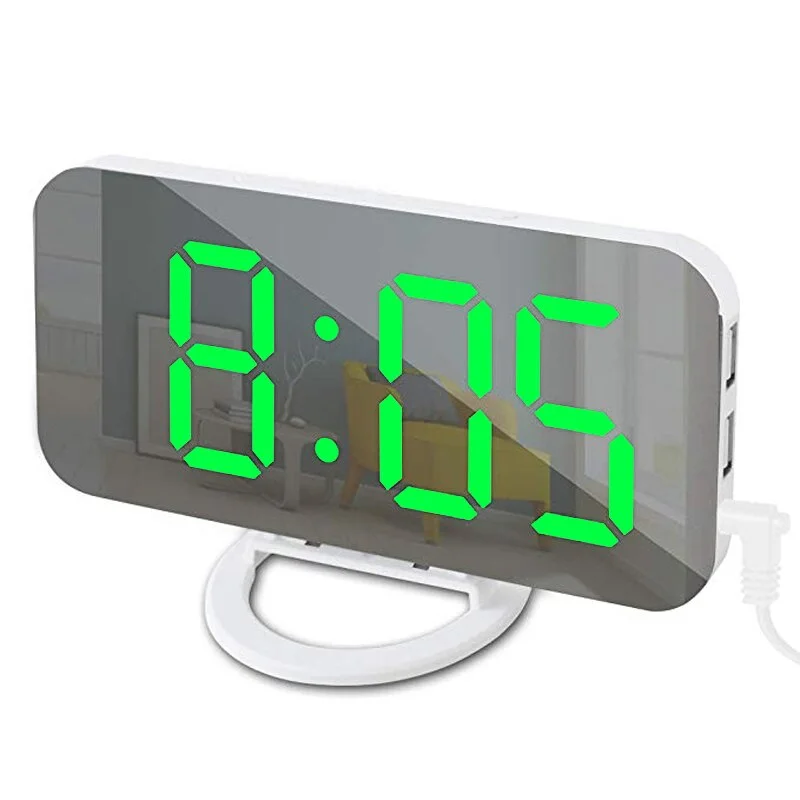 Digital LED Alarm Clock Mirror 2 USB Charger Ports Night Light LED Table Clock Snooze Function Adjustable Brightness Desk Clocks