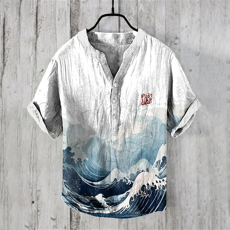 Japanese Retro Wave Watercolor Art Linen Blend Shirt