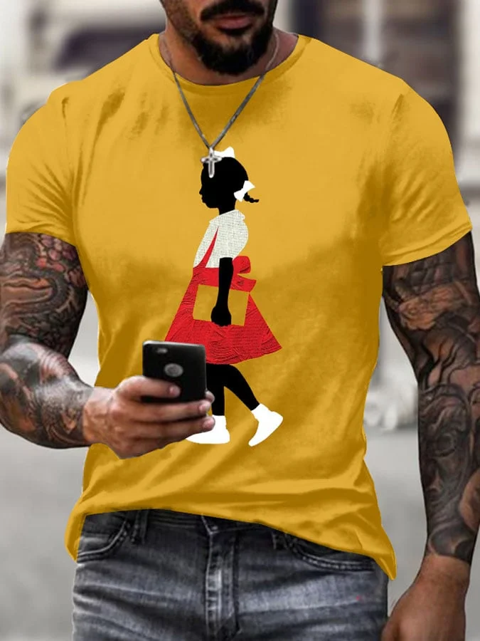 Men's  Black Girl In Red Dress Art Print Short Sleeve T-shirt 
