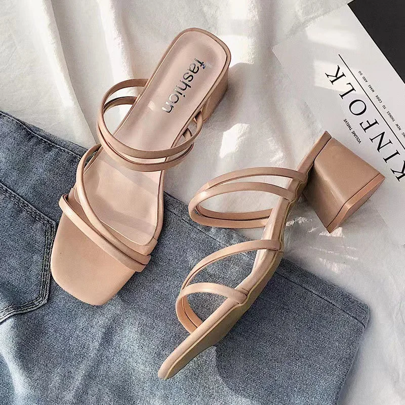 Breakj Breakj Fine Sandals Women 2025 New Medium Heds Of Cool Slippers Women Wear Coarse Heel With Women's Shoes Korean Version Of The Square Head