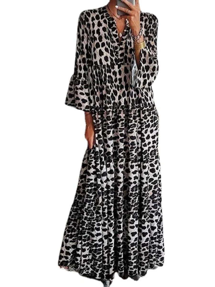 Dress For Women Leopard V-neck Three Quarters Pleated Bohemian Maxi Dress