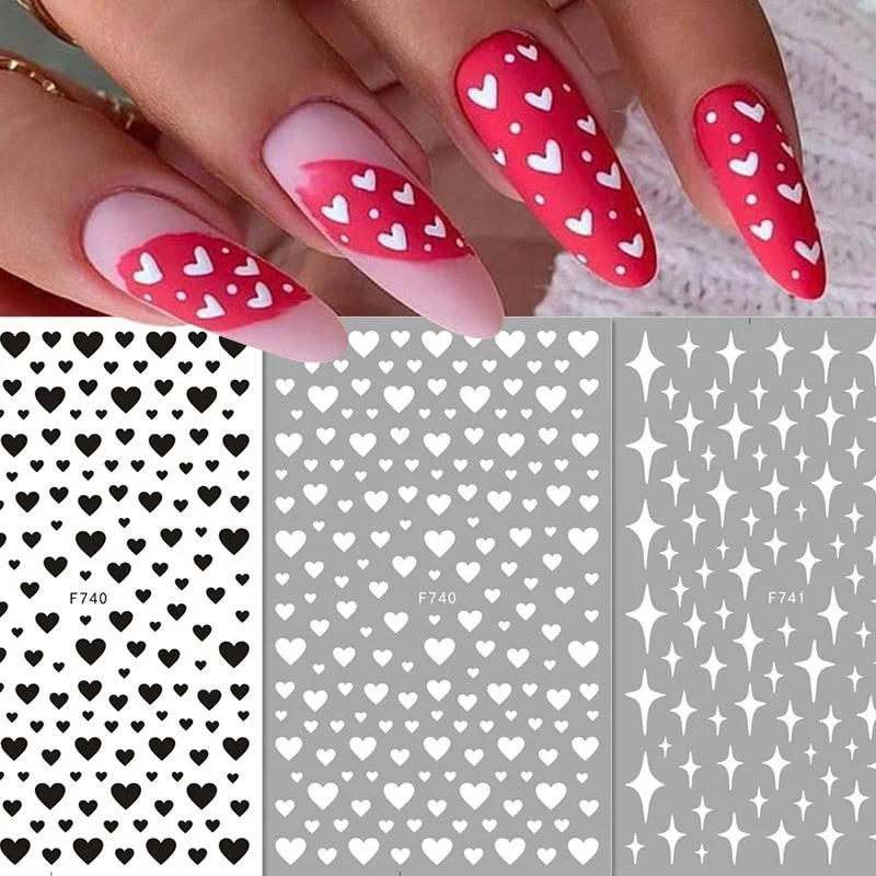 1PC 3D Nail Stickers Black Heart Love Self-Adhesive Slider Letters Nail Art Decorations Stars Decals Manicure Accessories-Nail Inspo