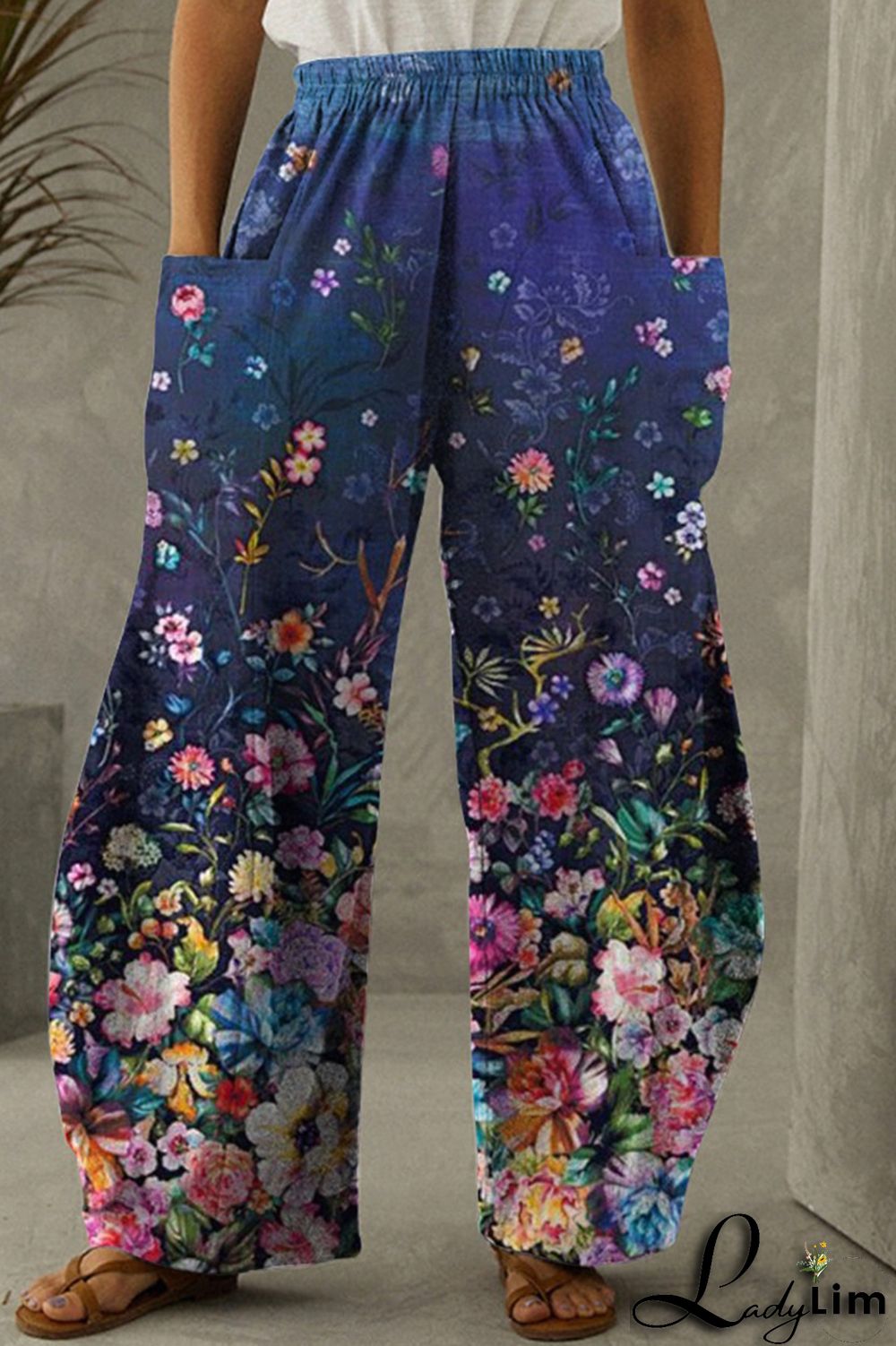 Dark Gray Fashion Casual Print Patchwork Pocket Regular High Waist Trousers