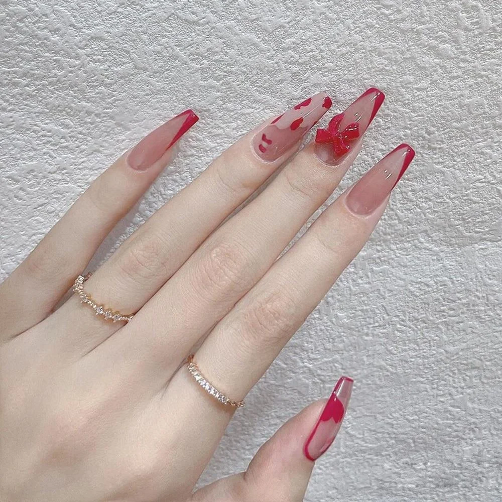 24Pcs Long Ballerina False Nail Love Pattern French Coffin Fake Nails Full Cover Wearable DIY Manicure Tools Press On Nails 1029-Nail Inspo