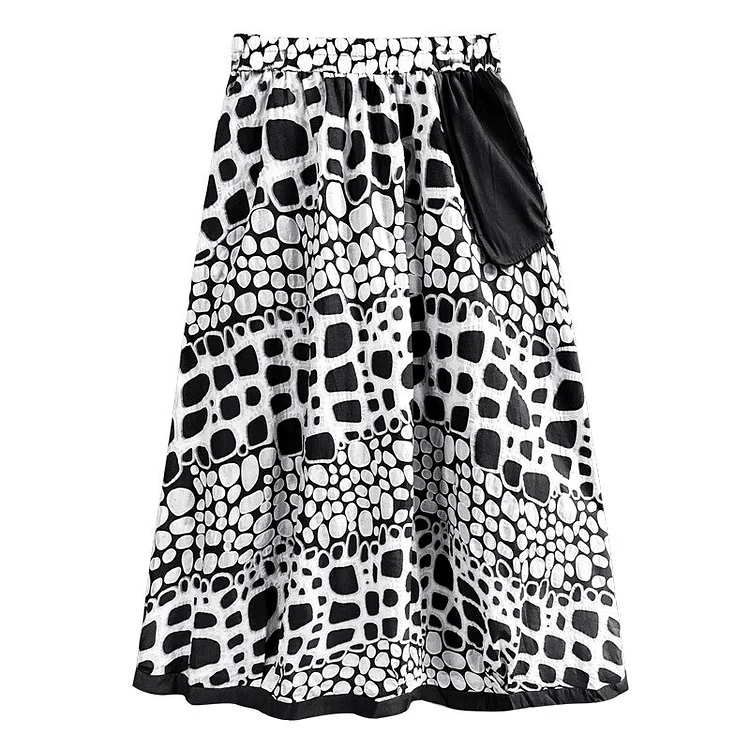 Design Elastic Waist Contrast Color Printed Splicing Pocket Skirt      