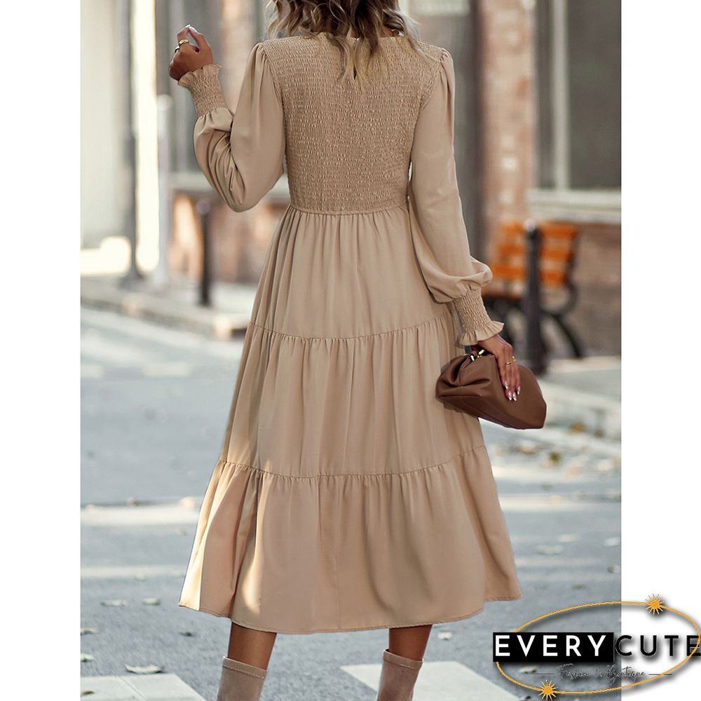 Khaki Crew Neck Smocked Swing Midi Dress