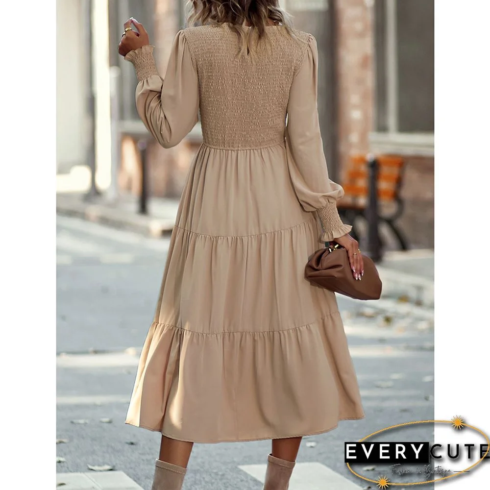 Khaki Crew Neck Smocked Swing Midi Dress