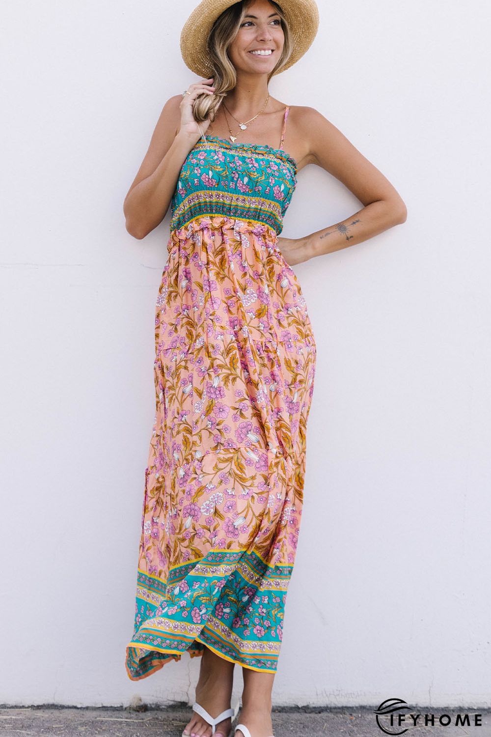 Floral Print Bodice Spaghetti Strap Maxi Dress | IFYHOME