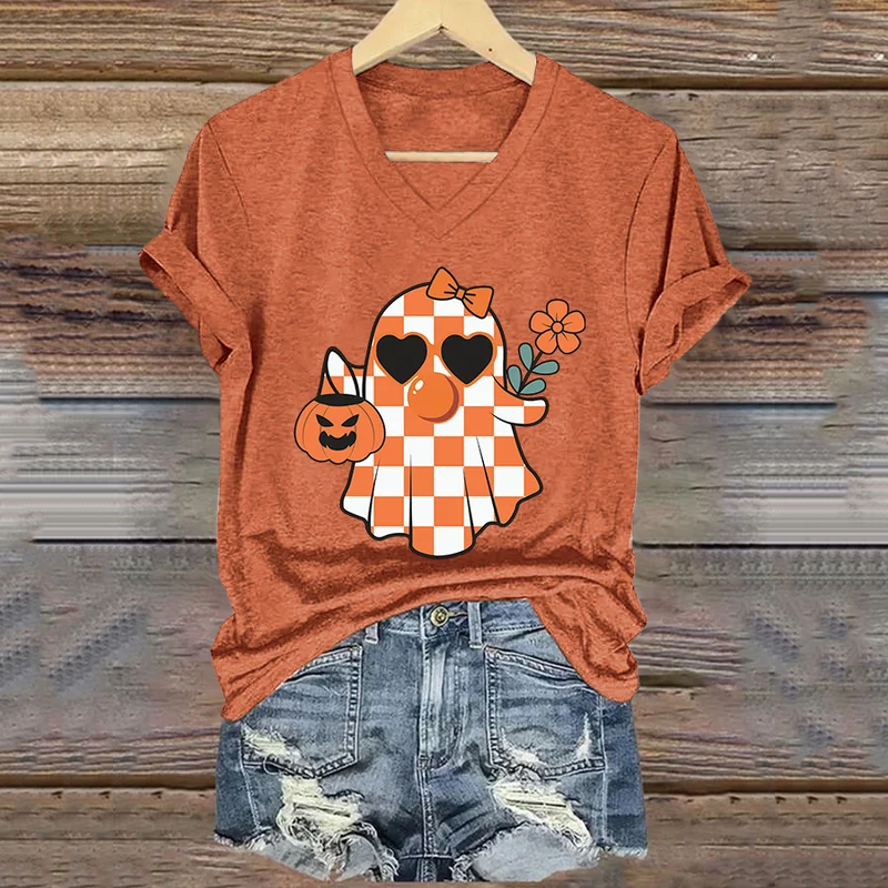 Thanksgiving Autumn Cute Ghost Pumpkin Painting V-Neck T-Shirt artswardrobe