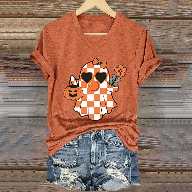 Thanksgiving Autumn Cute Ghost Pumpkin Painting V-Neck T-Shirt