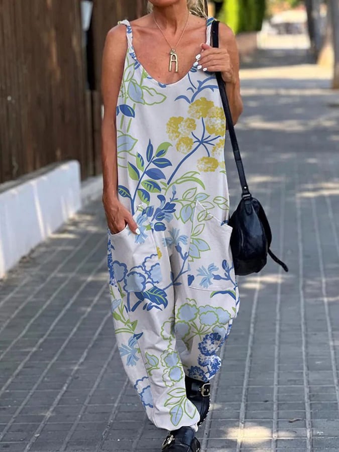 Women's Stylish Botanical Floral Design Casual Pocket Jumpsuit