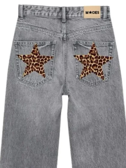 Costume Adult – Y2K New Jeans Womens Harajuku Retro Leopard Print Star Graphic Patch Trousers Gothic Slim High Waist Straight Light Blue Pants | Guraa