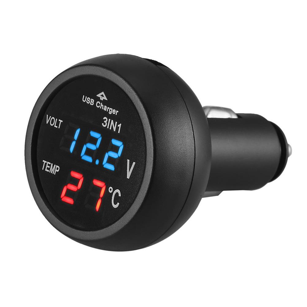

3 in 1 12/24V Car Auto LED Digital Voltmeter Gauge+Thermometer+USB Charger, Blue, 501 Original