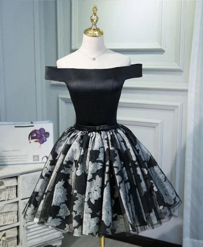Cute Black Short Prom Dress, Off Shoulder Evening Dress