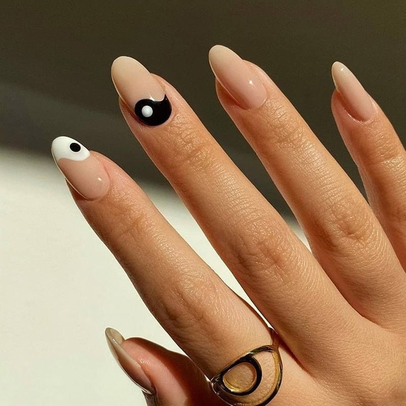 24pcs/box Press On Nails Almond Tai Chi White and Black Wearing Nail Finished oval head pre design acrylic nail tips for girls 514