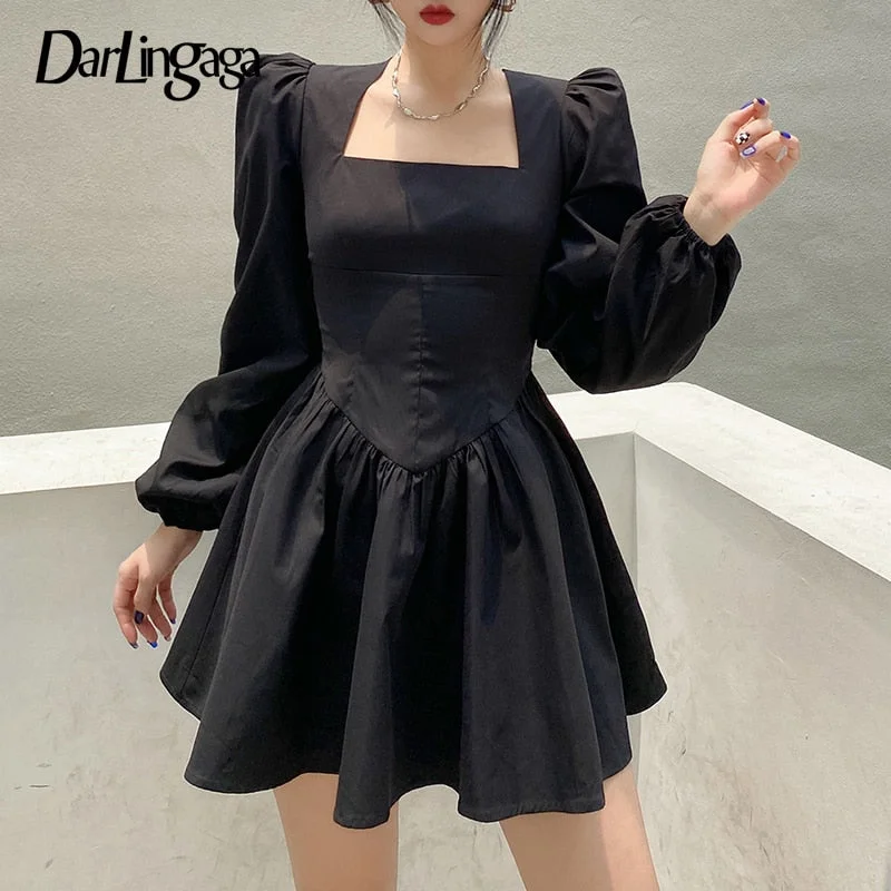 Darlingaga Elegant Chic Square Neck Puff Sleeve Black Dress Female Fashion Solid Autumn Party Dresses Pleated Corset Sexy Ladies