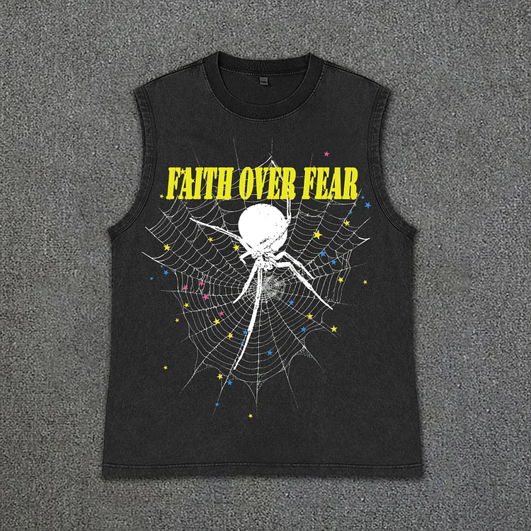 Men's Acid Washed Faith Over Fear Print Spider Graphics Tank Top