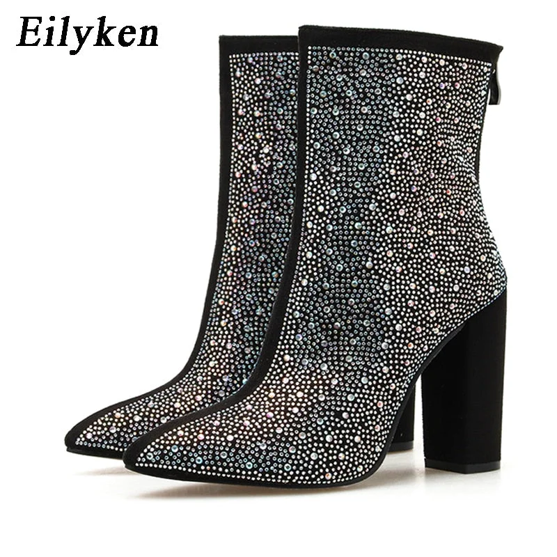 Eilyken 2022 Fashion Sexy Banquet Women's Boots Thick with Square Head Shiny Rhinestones Thin Nightclub High Heel Boots