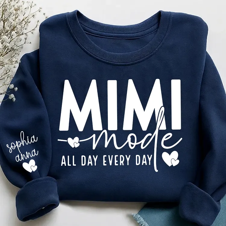 Personalized Mimi Mode Sweatshirt with Kids Names on Sleeve, Custom Mimi Gift for Grandma, Cute Family Sweatshirt