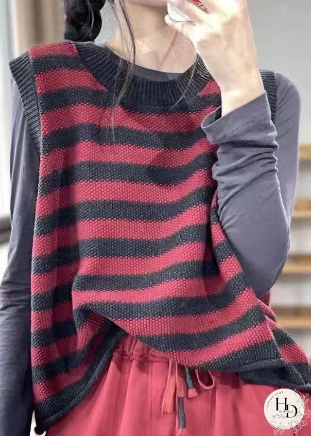Unique Red O-Neck Striped Knit vest Spring