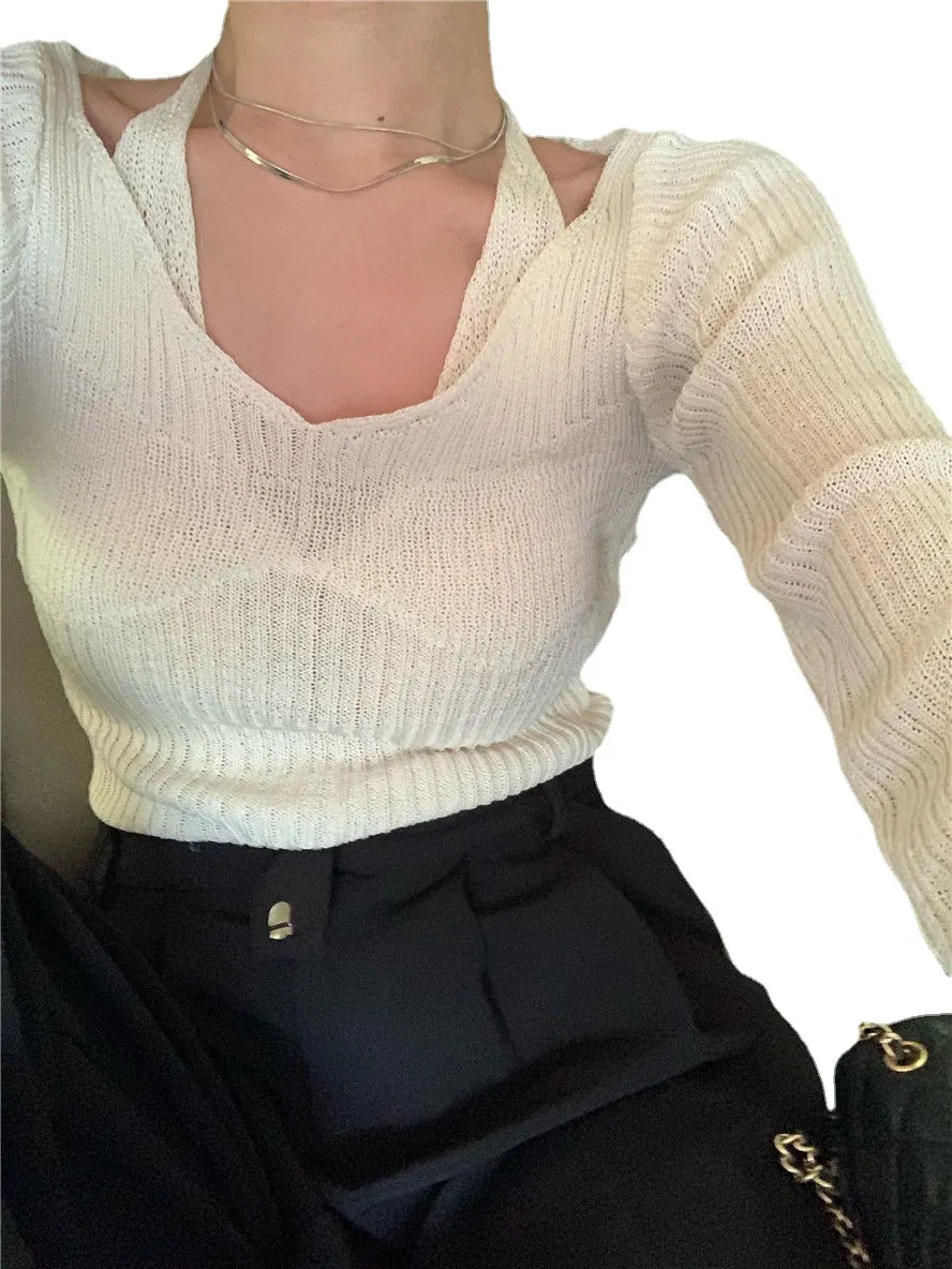Uveng Uveng 2023 New Long-Sleeved Slim V-Necked Two Knitted Shirt Top Women Feel The Bottom Sweater