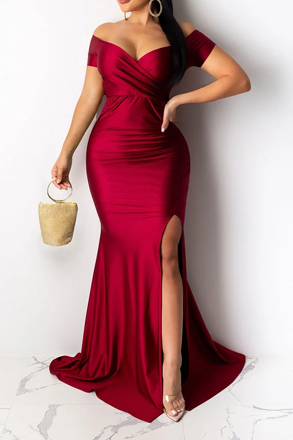 Solid Color Off Shoulder Luxe Split Fishtail Maxi Dress