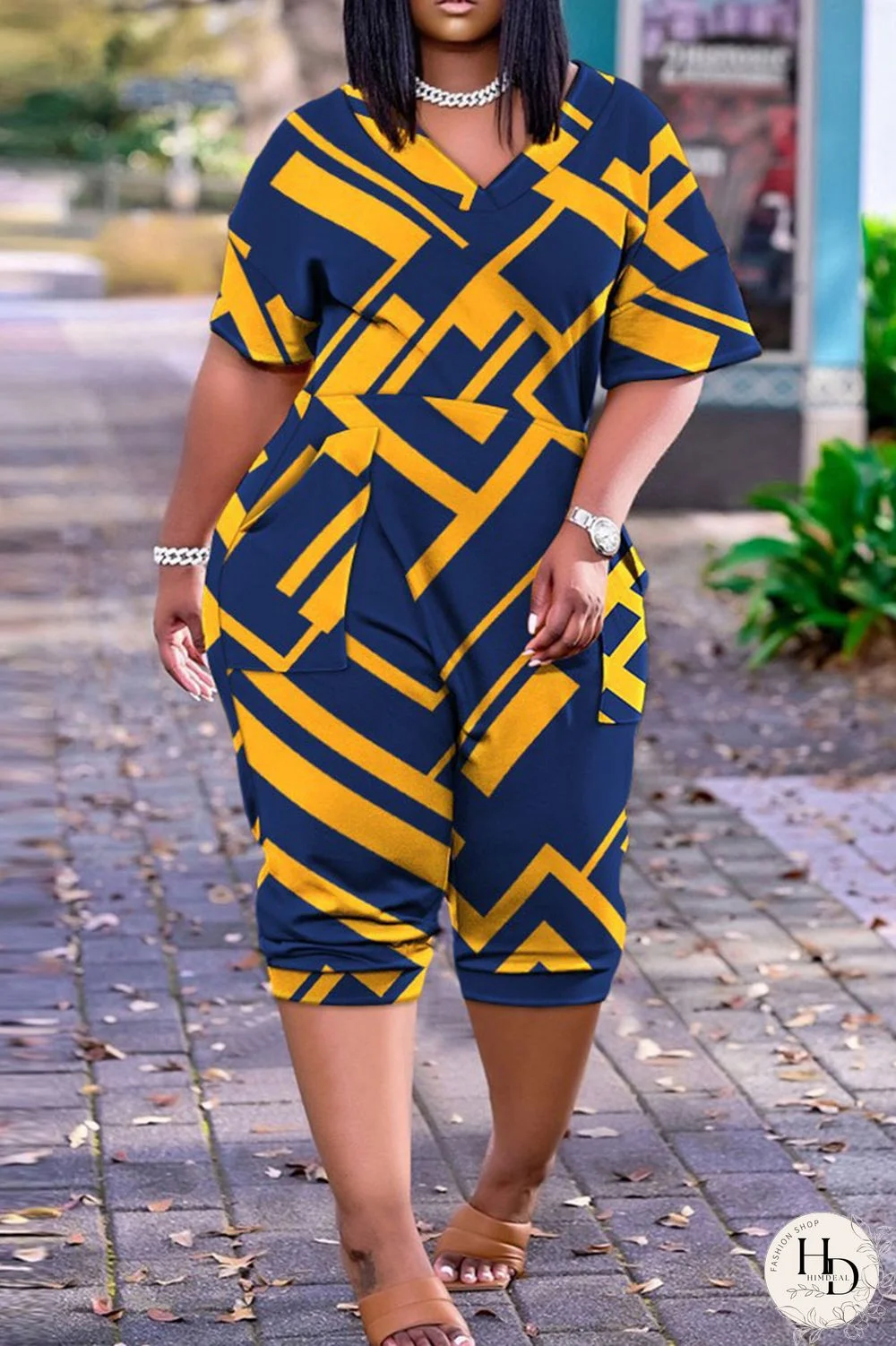 Yellow Blue Casual Street Print Patchwork V Neck Plus Size Jumpsuits
