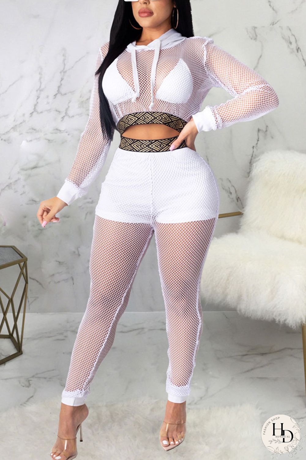 White Sexy Solid Split Joint Hooded Collar Long Sleeve Two Pieces