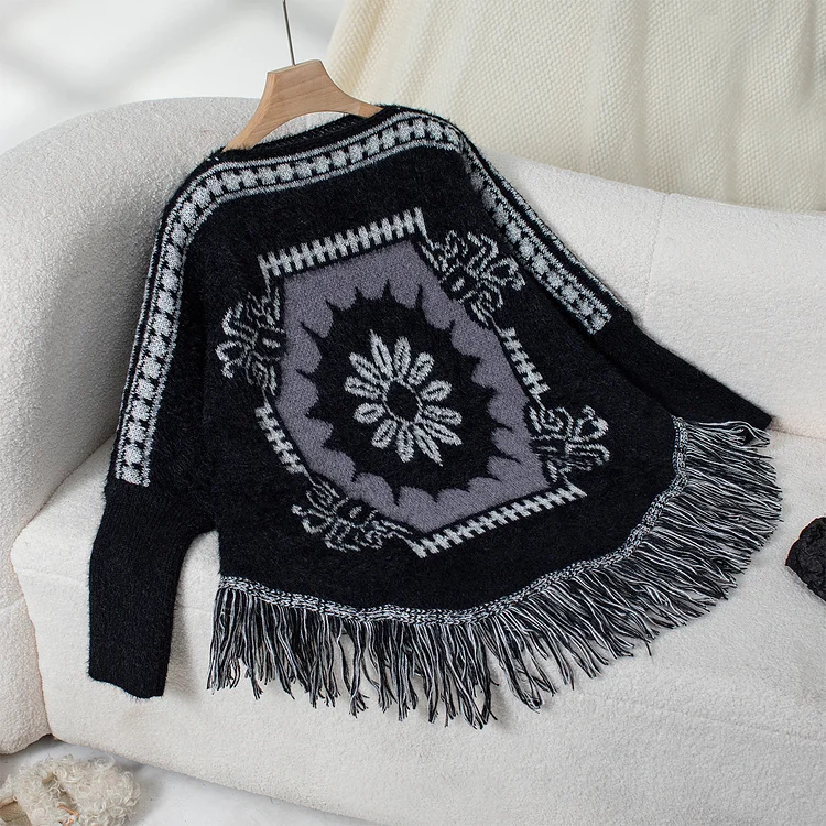 Women's Ethnic Geometric Poncho Tassel Pullover Shawl Poncho