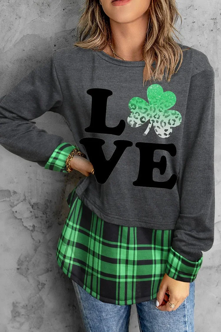 Love Clover Graphic Plaid Round Neck Shift Casual Blouse