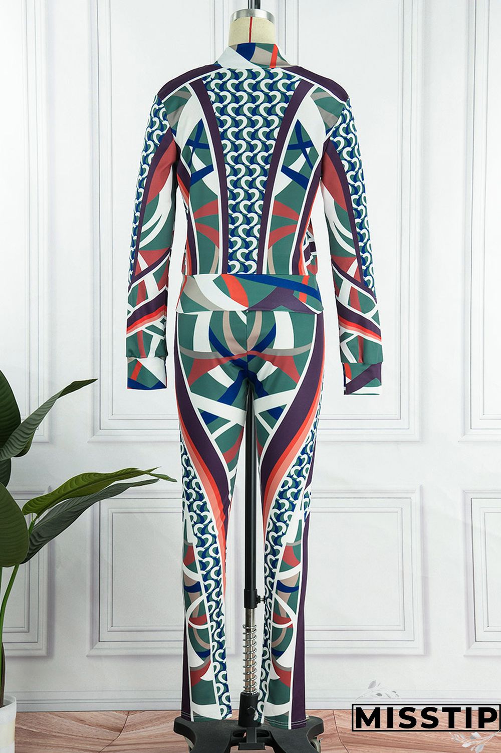 Black Casual Print Patchwork Zipper Collar Long Sleeve Two Pieces