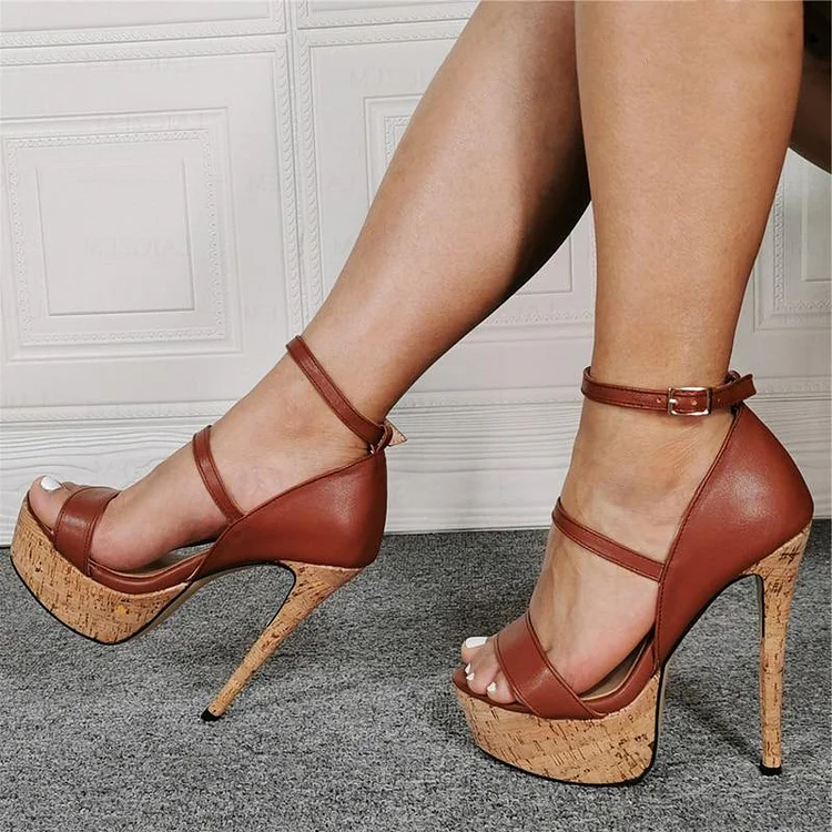 Brown Ankle Strap High Heels Open Toe Platform Sandals for Women |FSJ Shoes
