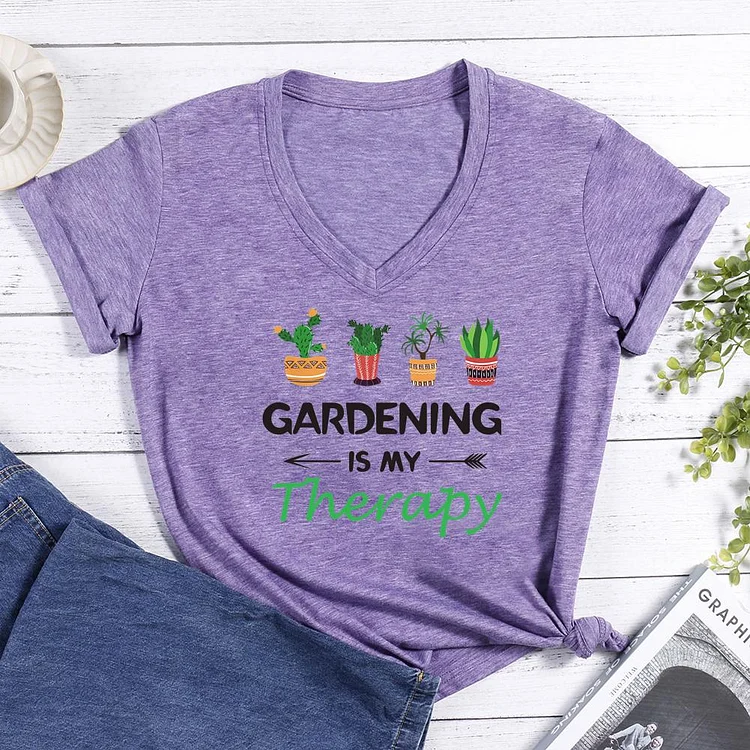 Gardening Is My Therapy V-neck T Shirt-Annaletters