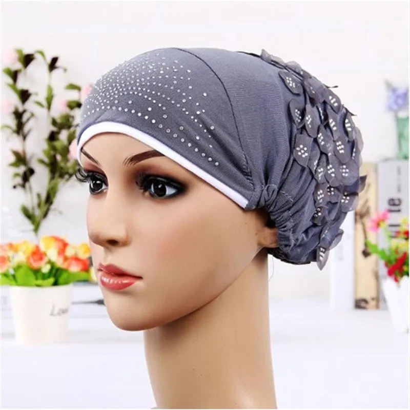Women's Sequins Flowers Muslim Turban Hat Cap