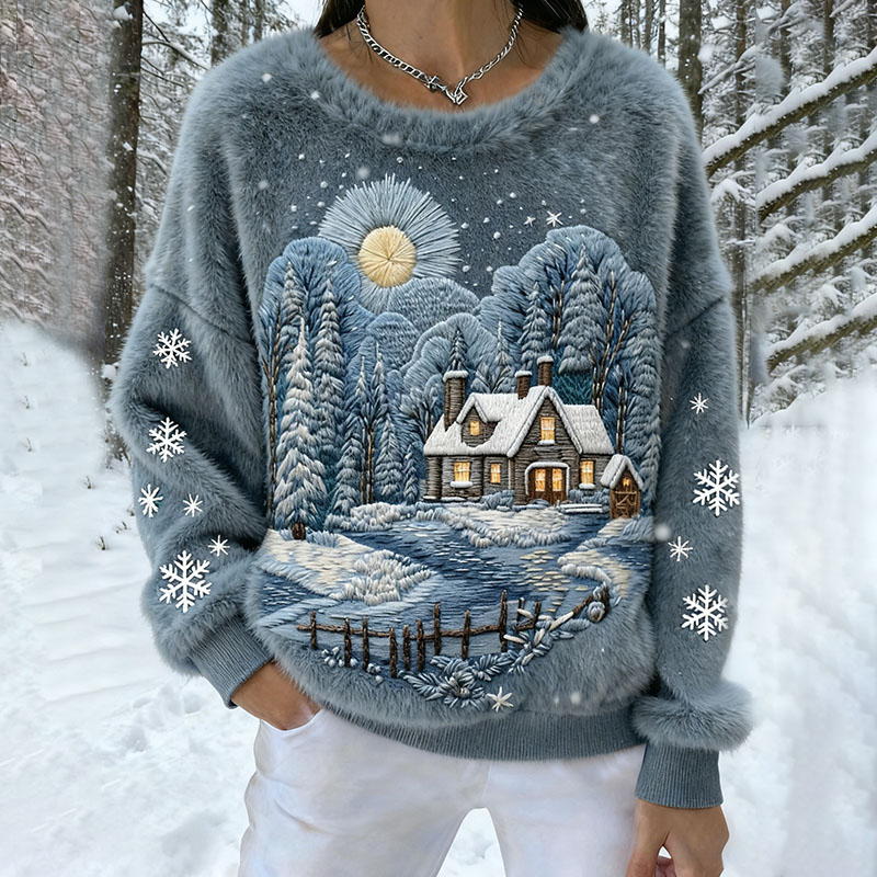 Vintage Christmas Snow Cabin Art Women's Fleece Sweater wearshes