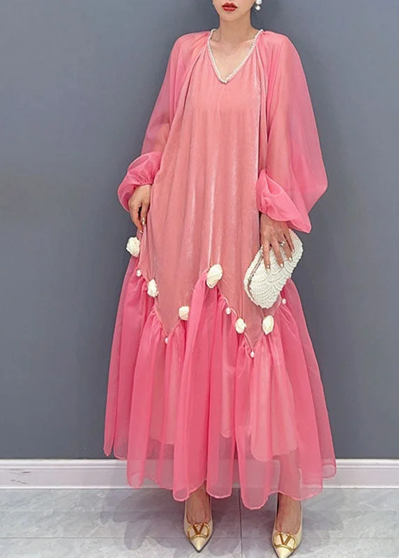 Natural Pink V Neck Tulle Patchwork Silk Velour Maxi Dress Long Sleeve