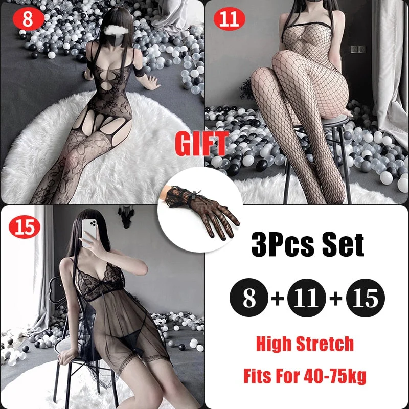 OJBK 3Pcs Sexy Lingerie Set Open Crotch Stretch Mesh Body Stockings 15 Style Teddies Bodysuit Erotic Outfit Plus Size Underwear