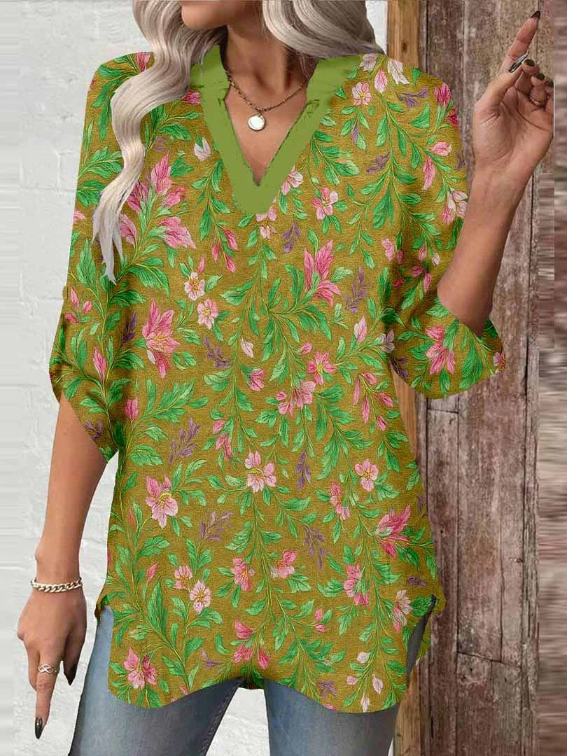 Women Splashed, Green, Pink DZGA0387 3/4 Sleeve V-neck Printed Graphic Button Tops